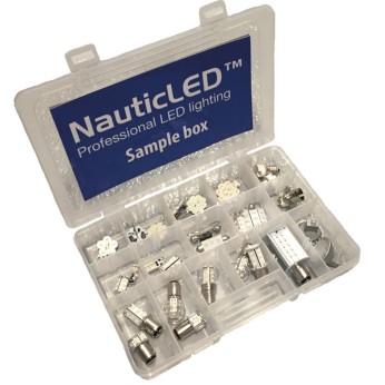 NauticLed sample sortimentsbox med 36 LED-lampor och adapter