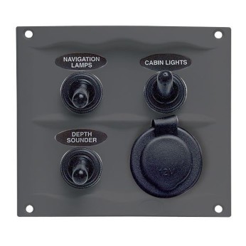 BEP Stänktäta elpanel med 3 strömbrytare och eluttag, 12V