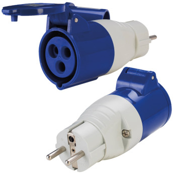 Adapter Schuko hane / CEE hona m/stänktätt lock, 220V